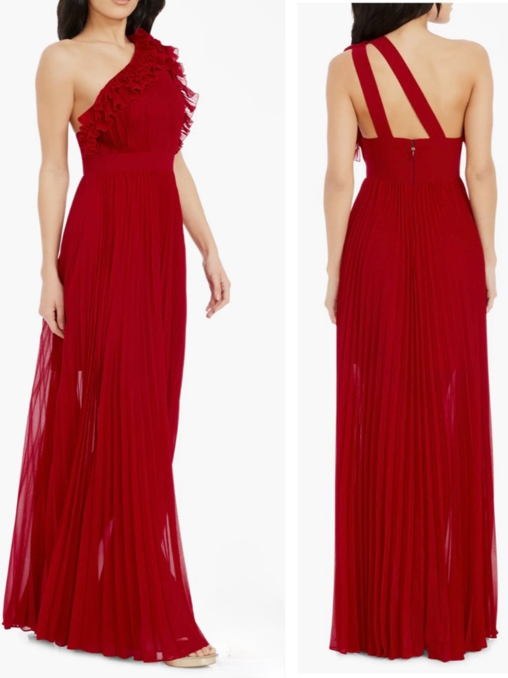 DRESS THE POPUÑATION Vida One-Shoulder Pleated
Chiffon Gown One-Shoulder Red M